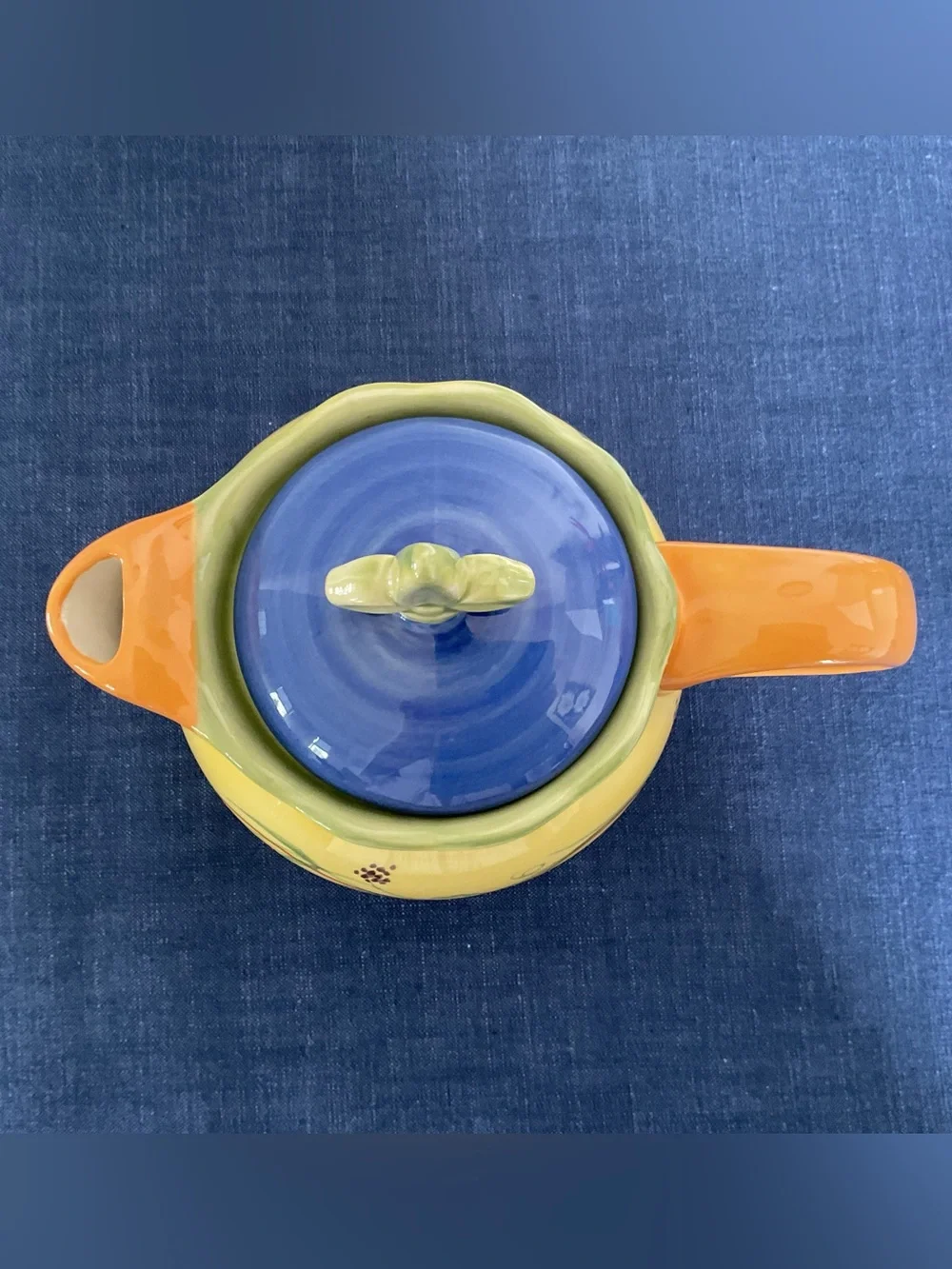 Discontinued Pfaltzgraff Pistoulet by Jane Koplen Ceramic Teapot with Blue Lid